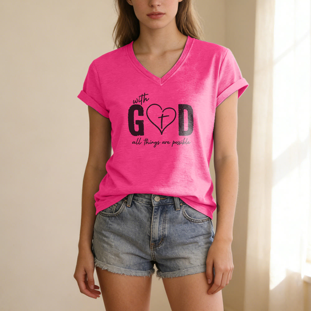 Christianartworkshop With God All Things Are Possible Heart Cross Print Casual V-neck T-shirt - image 25