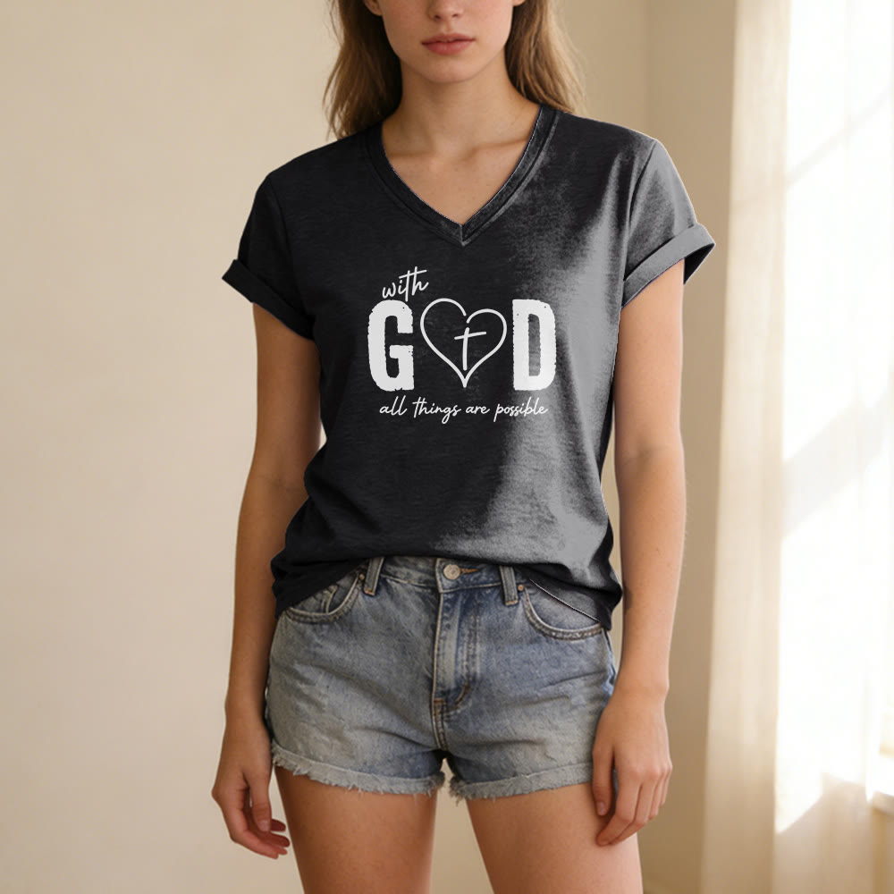 Christianartworkshop With God All Things Are Possible Heart Cross Print Casual V-neck T-shirt - image 13