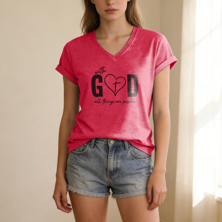 Christianartworkshop With God All Things Are Possible Heart Cross Print Casual V-neck T-shirt - image 23