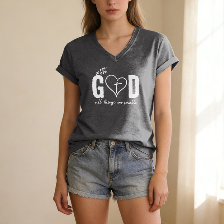 Christianartworkshop With God All Things Are Possible Heart Cross Print Casual V-neck T-shirt - image 21