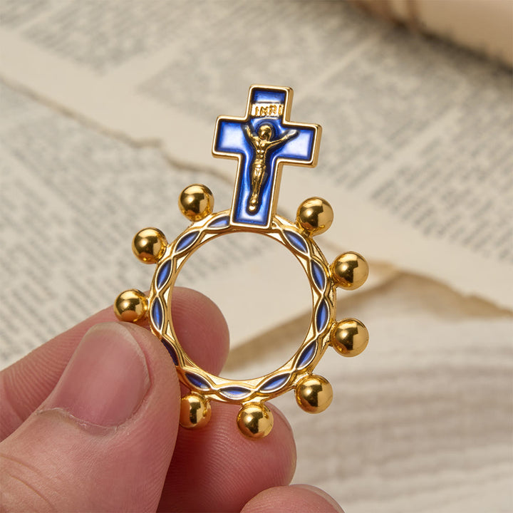 Christianartworkshop Crucifix Finger Rosary Ring with Blue Enamel & Beaded Accents (Set of 5/10): A Symbol of Redemption - Golden & Blue - Set of 10 pcs - image 0