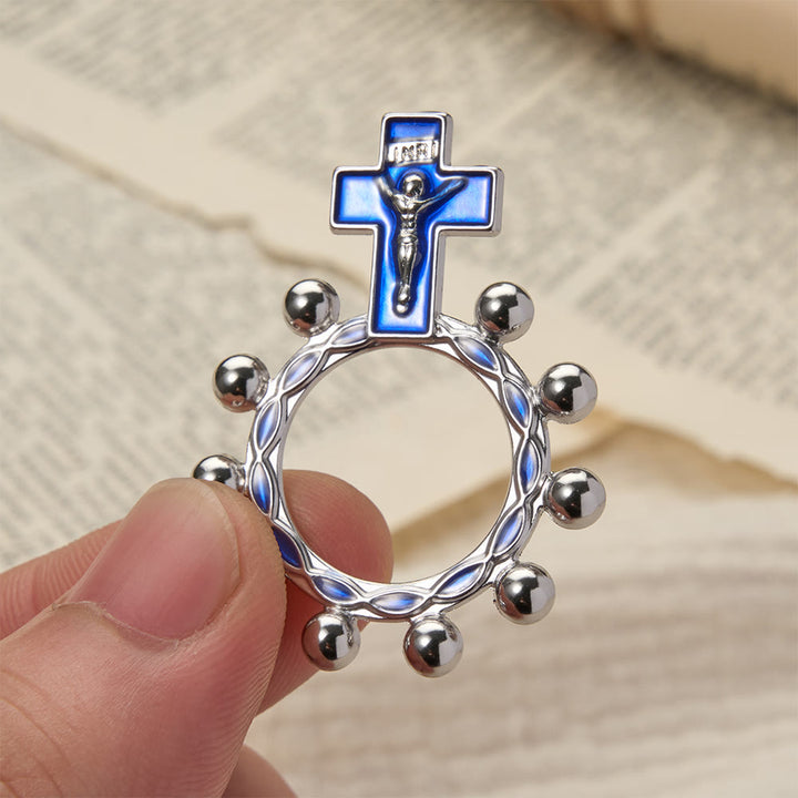 Christianartworkshop Crucifix Finger Rosary Ring with Blue Enamel & Beaded Accents (Set of 5/10): A Symbol of Redemption - Silver & Blue - Set of 10 pcs - image 6