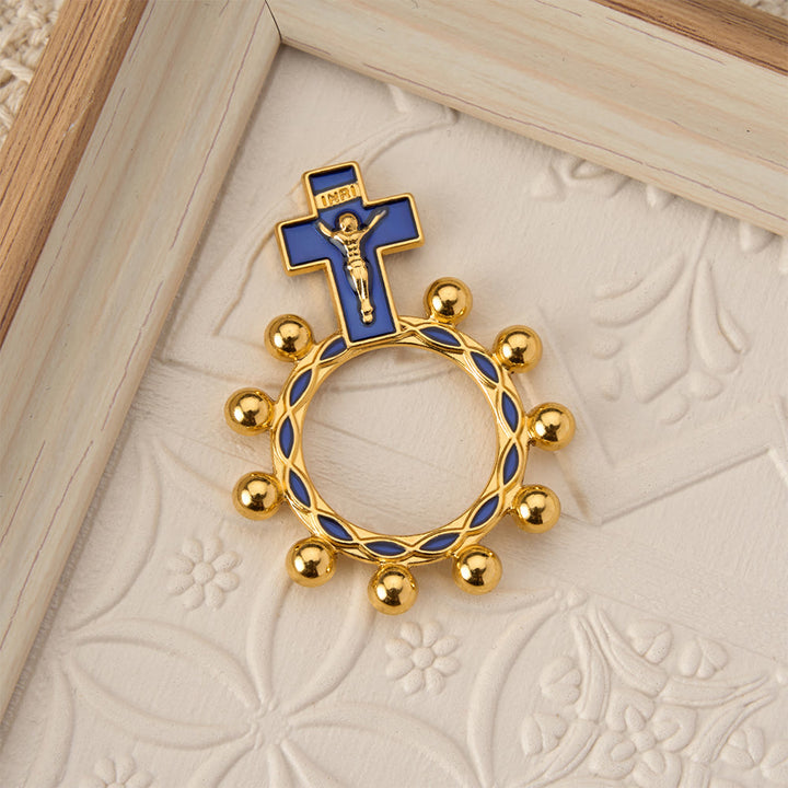 Christianartworkshop Crucifix Finger Rosary Ring with Blue Enamel & Beaded Accents (Set of 5/10): A Symbol of Redemption - image 3