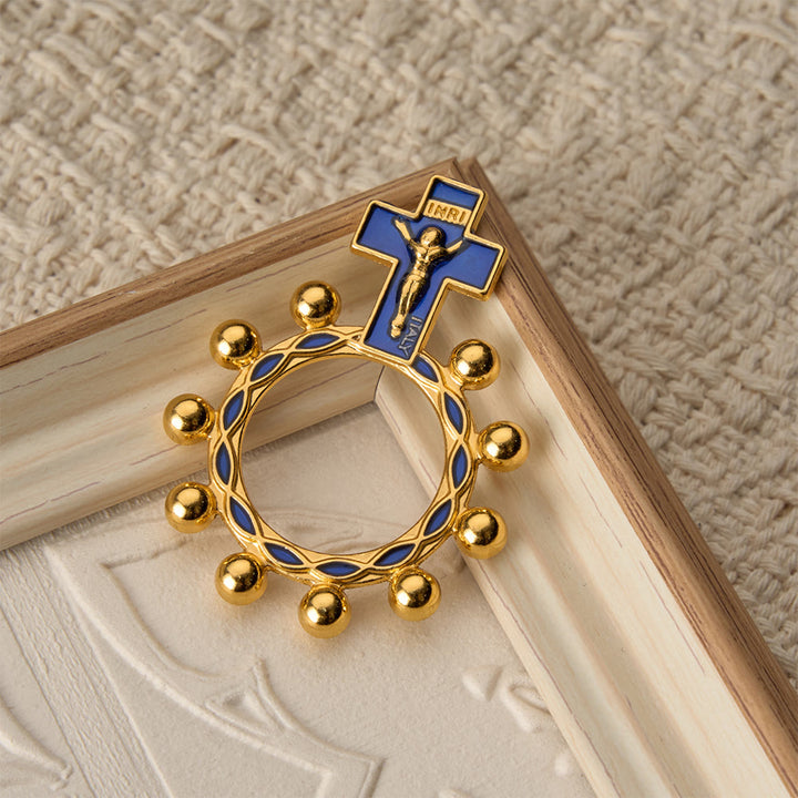 Christianartworkshop Crucifix Finger Rosary Ring with Blue Enamel & Beaded Accents (Set of 5/10): A Symbol of Redemption - image 5