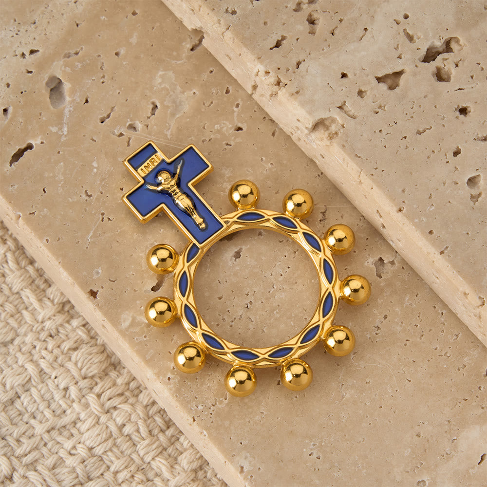 Christianartworkshop Crucifix Finger Rosary Ring with Blue Enamel & Beaded Accents (Set of 5/10): A Symbol of Redemption - image 2
