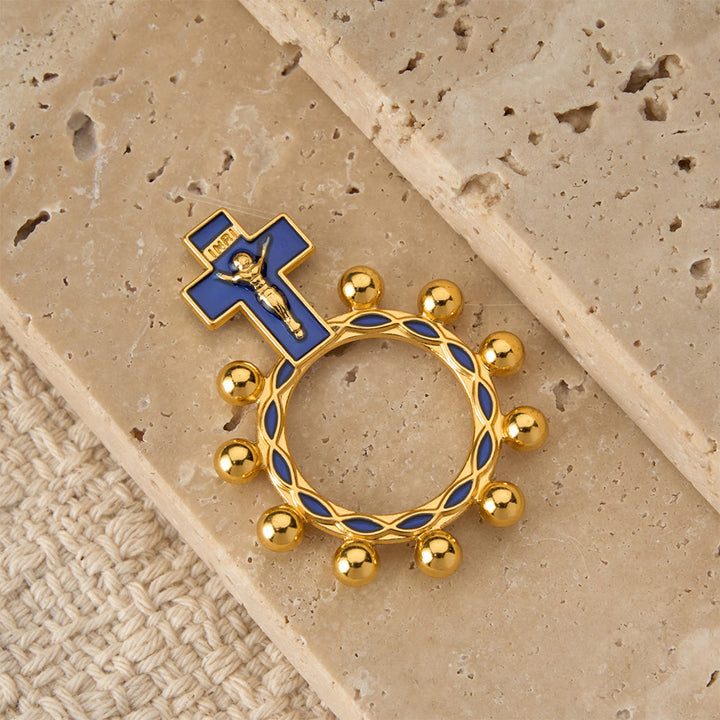 Christianartworkshop Crucifix Finger Rosary Ring with Blue Enamel & Beaded Accents (Set of 5/10): A Symbol of Redemption - image 2