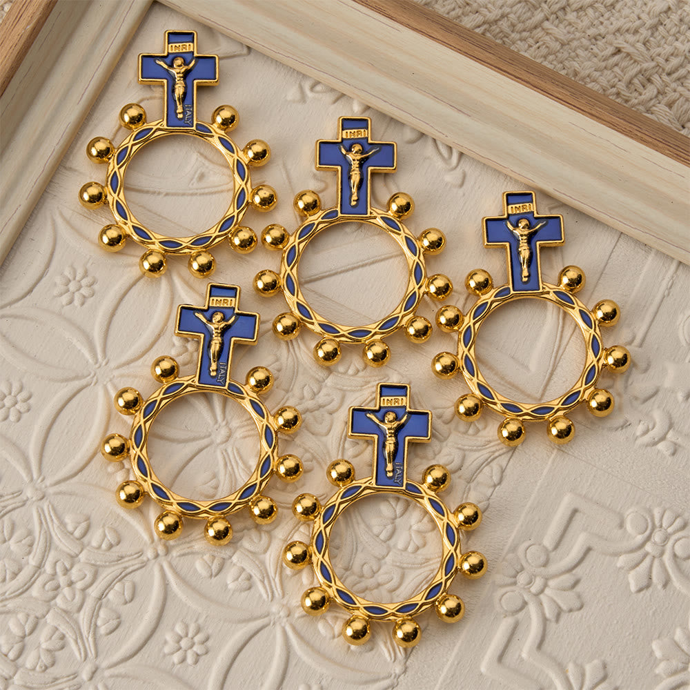 Christianartworkshop Crucifix Finger Rosary Ring with Blue Enamel & Beaded Accents (Set of 5/10): A Symbol of Redemption - image 1