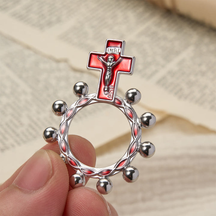 Christianartworkshop Crucifix Finger Rosary Ring with Red Enamel & Beaded Accents (Set of 5/10): A Symbol of Redemption - Silver & Red - Set of 10pcs - image 0