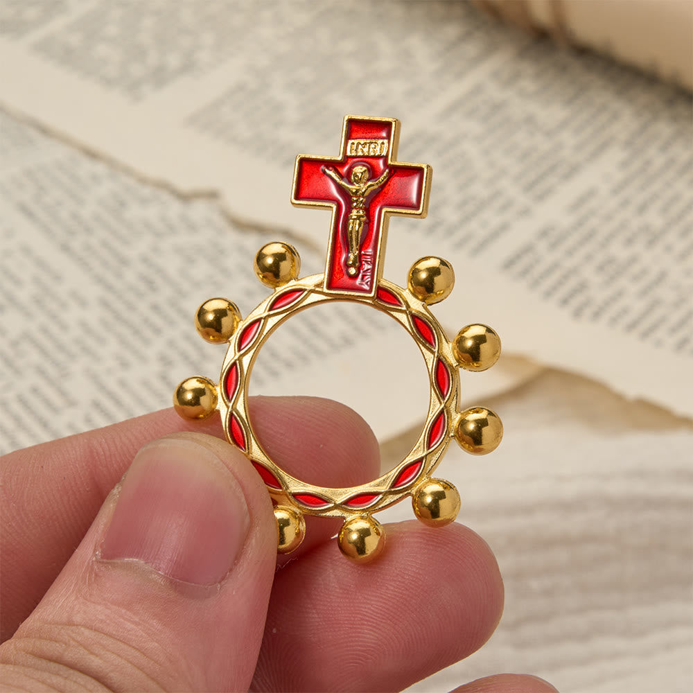 Christianartworkshop Crucifix Finger Rosary Ring with Red Enamel & Beaded Accents (Set of 5/10): A Symbol of Redemption - Golden & Red - Set of 10pcs - image 6