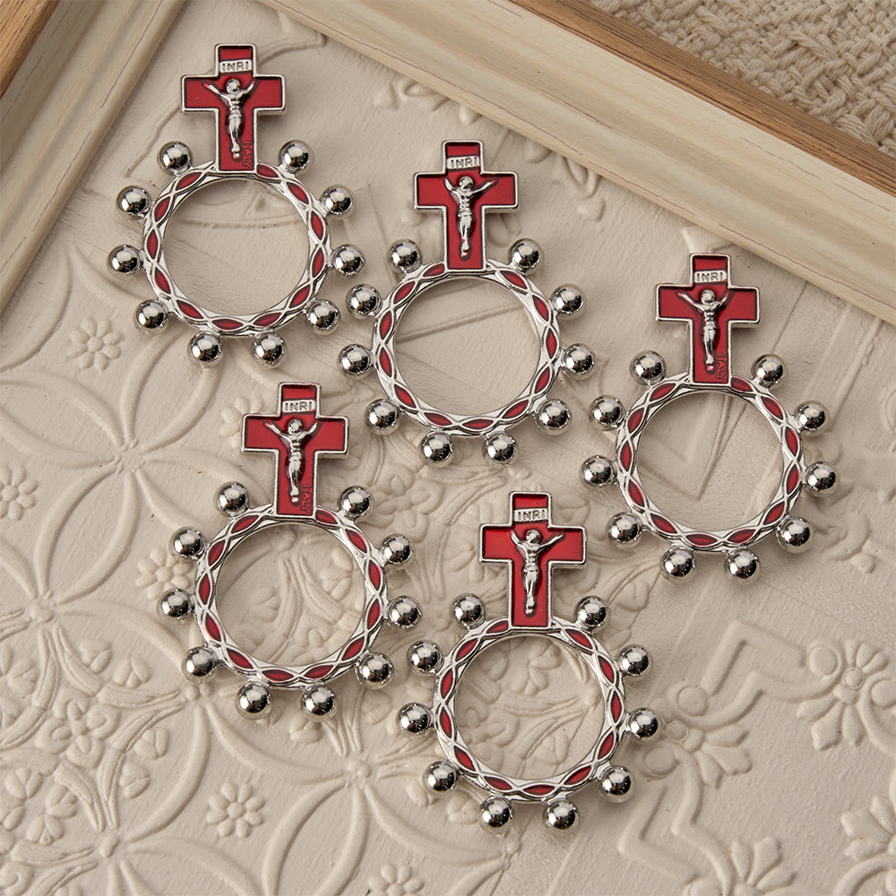 Christianartworkshop Crucifix Finger Rosary Ring with Red Enamel & Beaded Accents (Set of 5/10): A Symbol of Redemption - image 1