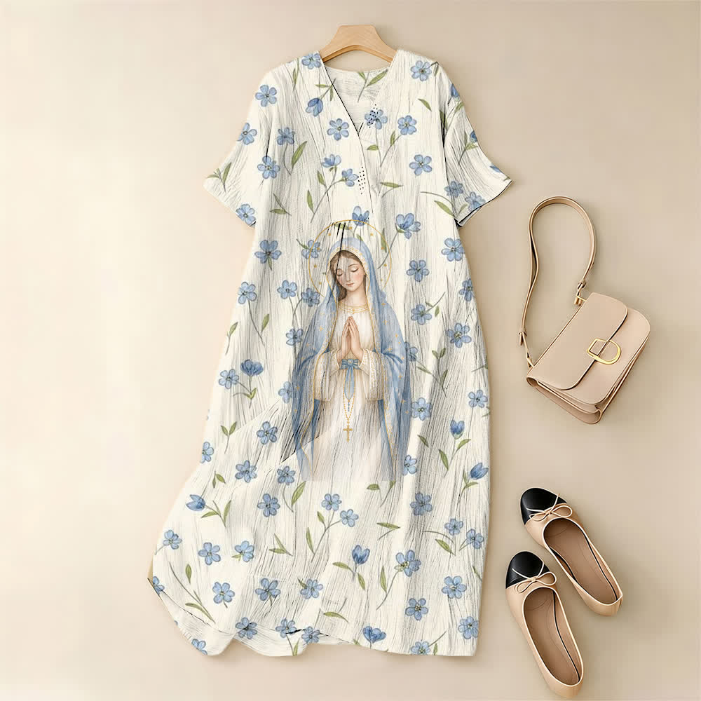 Christianartworkshop Soft Watercolor Our Lady Floral V-Neck Short Sleeve Midi Dress - image 1