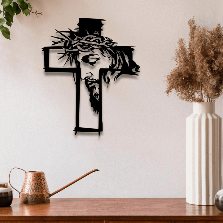 Christianartworkshop Cross With Jesus and Crown of Thorns Metal Wall Decor: A Striking Reminder of Grace - image 0