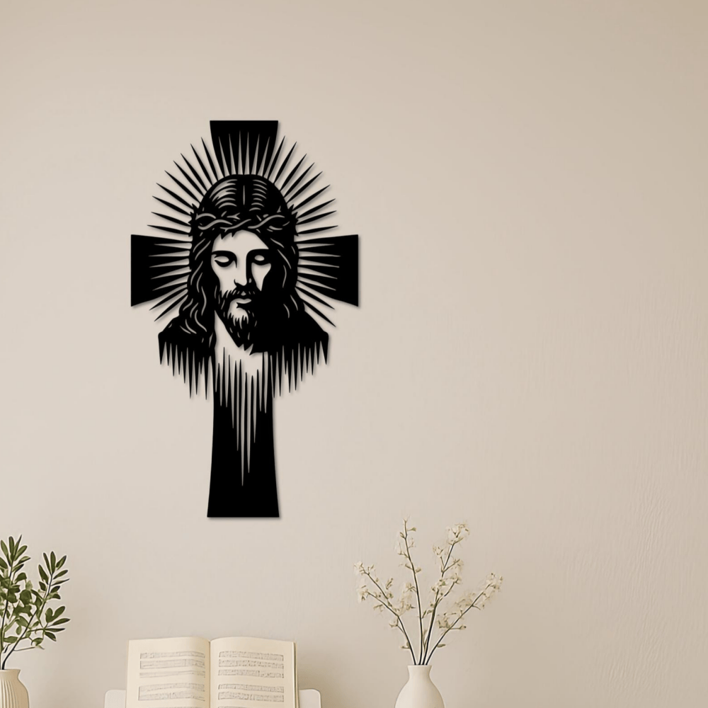 Christianartworkshop Radiant Jesus Cross Metal Wall Decor: A Symbol of Divine Light and Grace - image 1