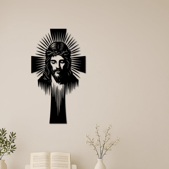 Christianartworkshop Radiant Jesus Cross Metal Wall Decor: A Symbol of Divine Light and Grace - image 1
