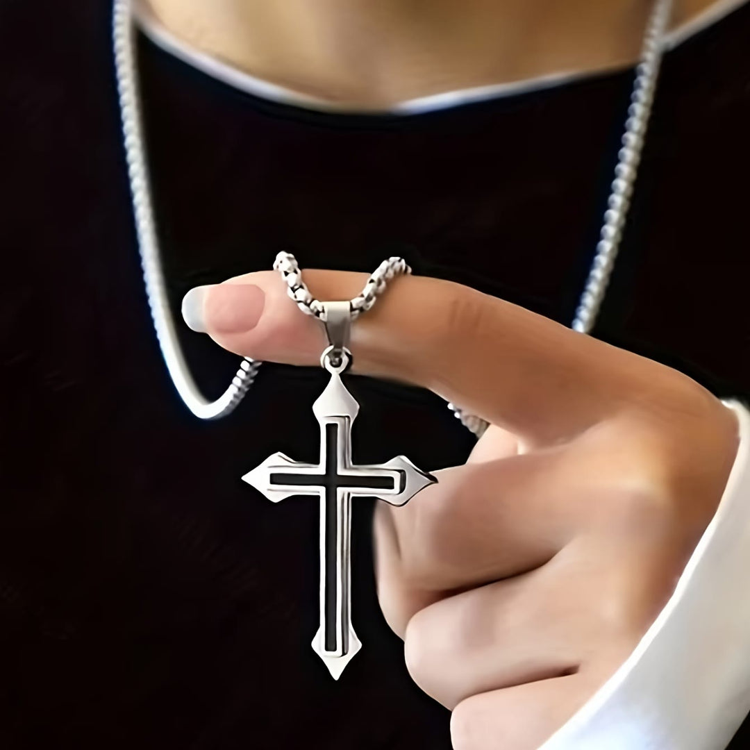 Christianartworkshop Two-Tone Stainless Steel Cross Pendant Necklace with Box Chain: A Symbol of Steadfast Faith - Cross - image 0