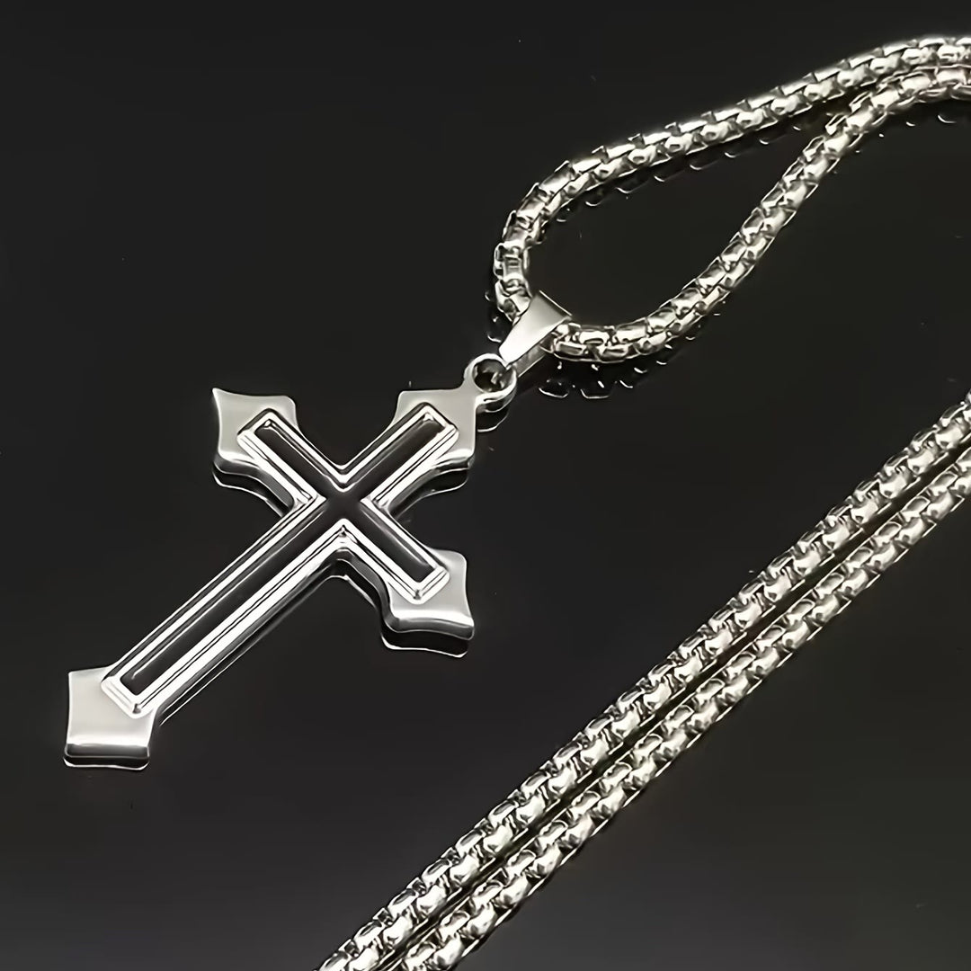 Christianartworkshop Two-Tone Stainless Steel Cross Pendant Necklace with Box Chain: A Symbol of Steadfast Faith - image 3
