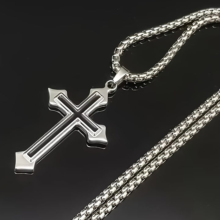 Christianartworkshop Two-Tone Stainless Steel Cross Pendant Necklace with Box Chain: A Symbol of Steadfast Faith - image 3