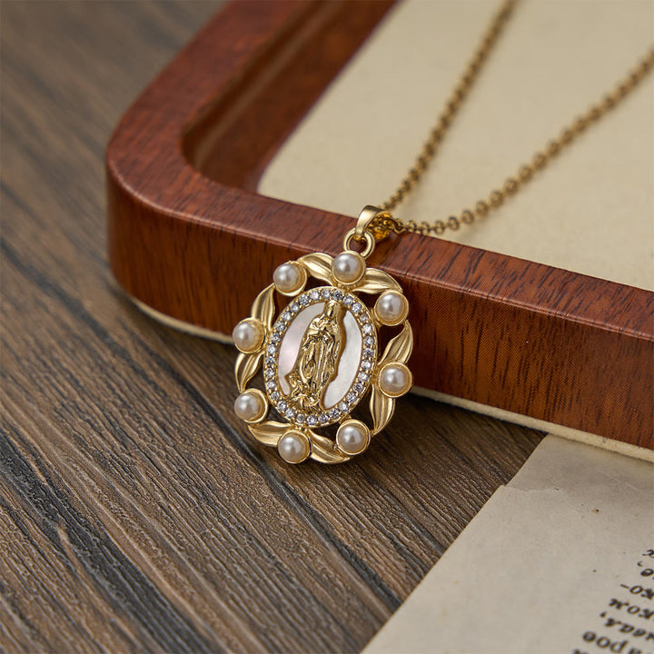 FREE Today: Vintage Our Lady & Cross Pendant Necklace with Mother of Pearl & White Beads: A Symbol of Marian Grace - Our Lady A - image 0