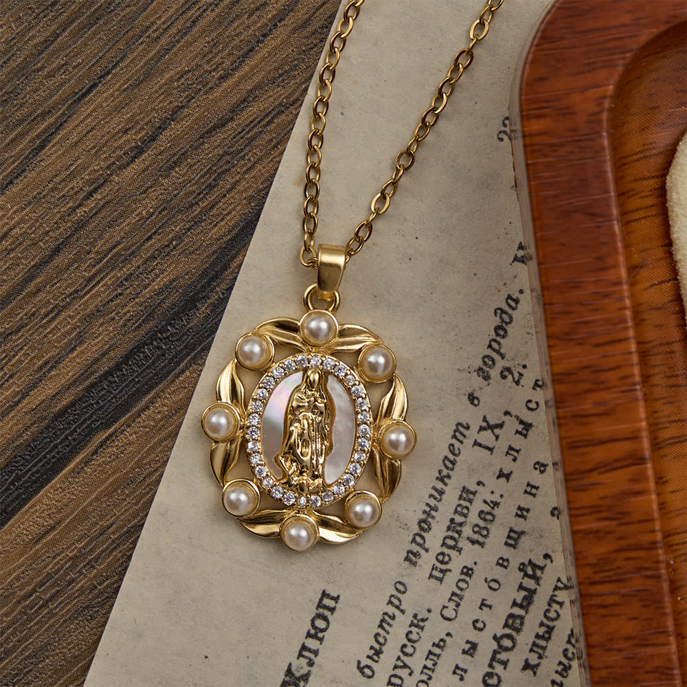 Christianartworkshop Vintage Our Lady Pendant Necklace with Mother of Pearl & White Beads: A Symbol of Marian Grace - image 1