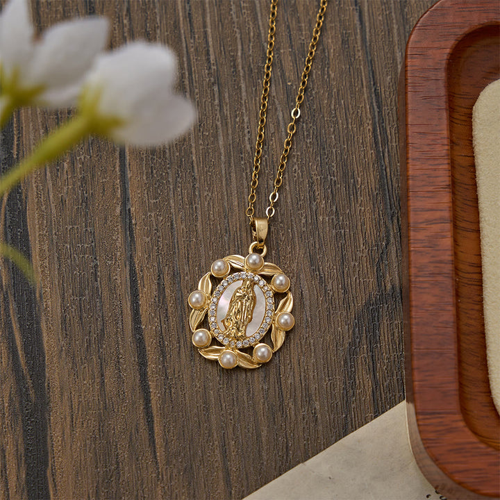 Christianartworkshop Vintage Our Lady Pendant Necklace with Mother of Pearl & White Beads: A Symbol of Marian Grace - image 3