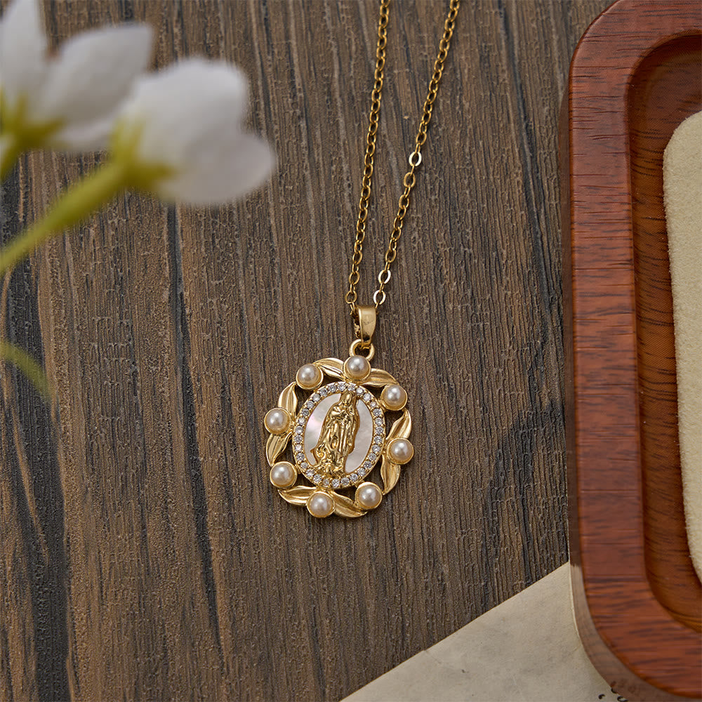 FREE Today: Vintage Our Lady & Cross Pendant Necklace with Mother of Pearl & White Beads: A Symbol of Marian Grace - image 3