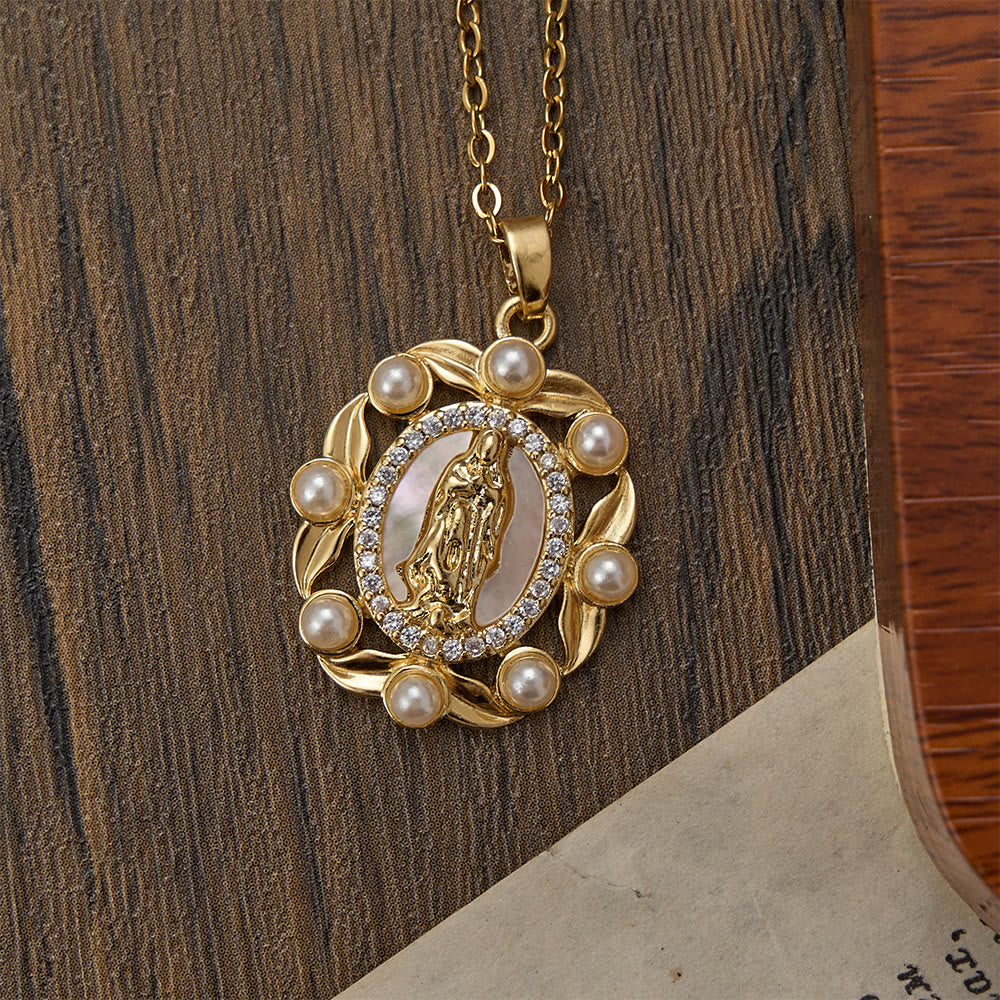 FREE Today: Vintage Our Lady & Cross Pendant Necklace with Mother of Pearl & White Beads: A Symbol of Marian Grace - image 2