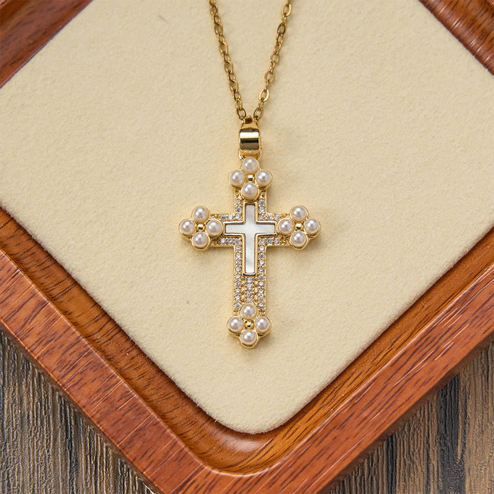 Christianartworkshop Refined Cross Pendant Necklace with Mother of Pearl, Zircon, and Pearl Accents - image 2
