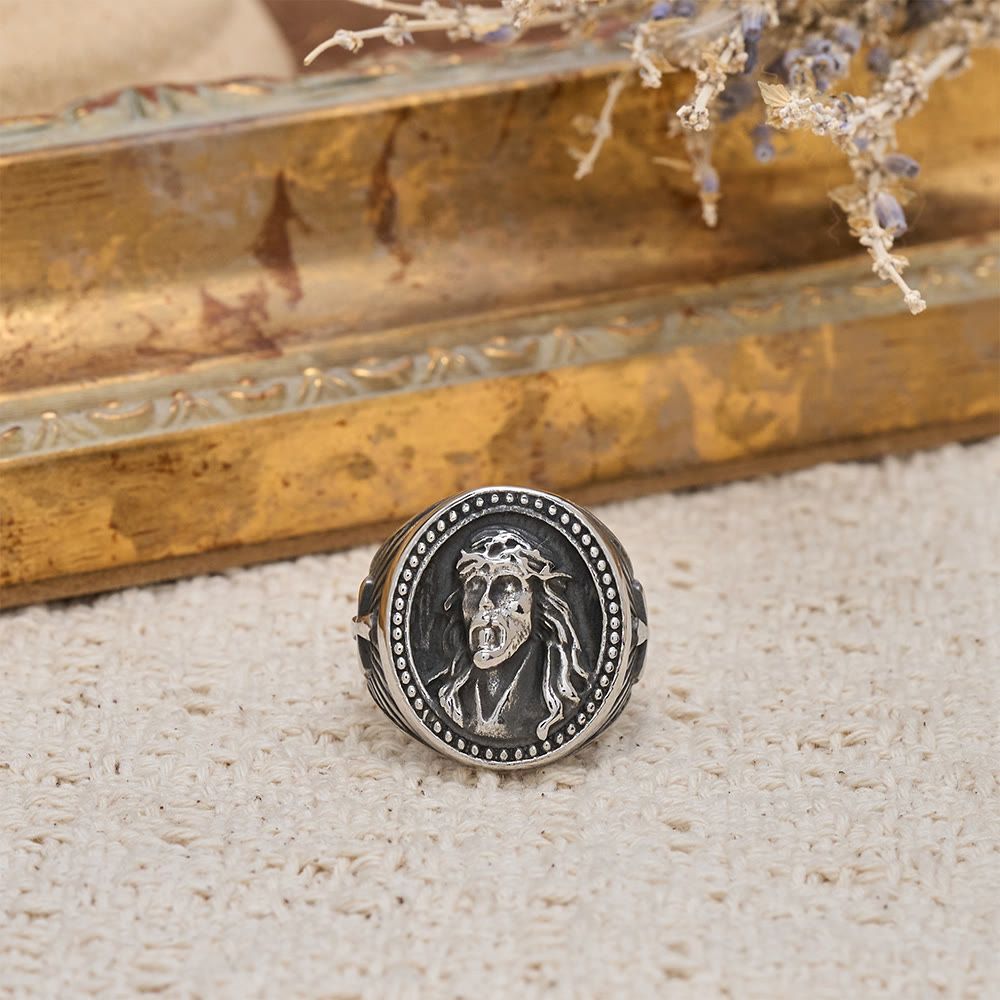 Christianartworkshop Two-Color Jesus Portrait Ring with Beaded Border and Cross Detail: A Reminder of Divine Sacrifice - image 5