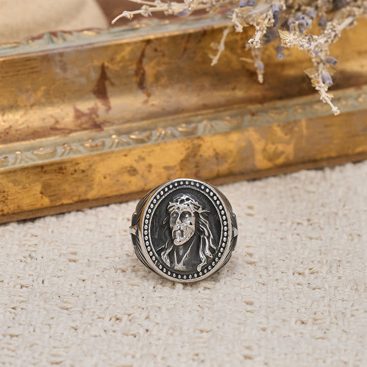 Christianartworkshop Two-Color Jesus Portrait Ring with Beaded Border and Cross Detail: A Reminder of Divine Sacrifice - image 5