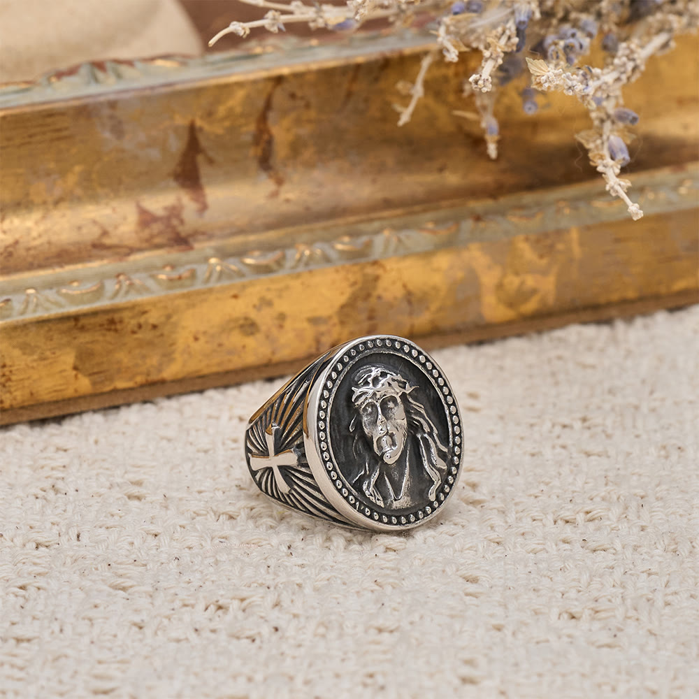 Christianartworkshop Two-Color Jesus Portrait Ring with Beaded Border and Cross Detail: A Reminder of Divine Sacrifice - image 7