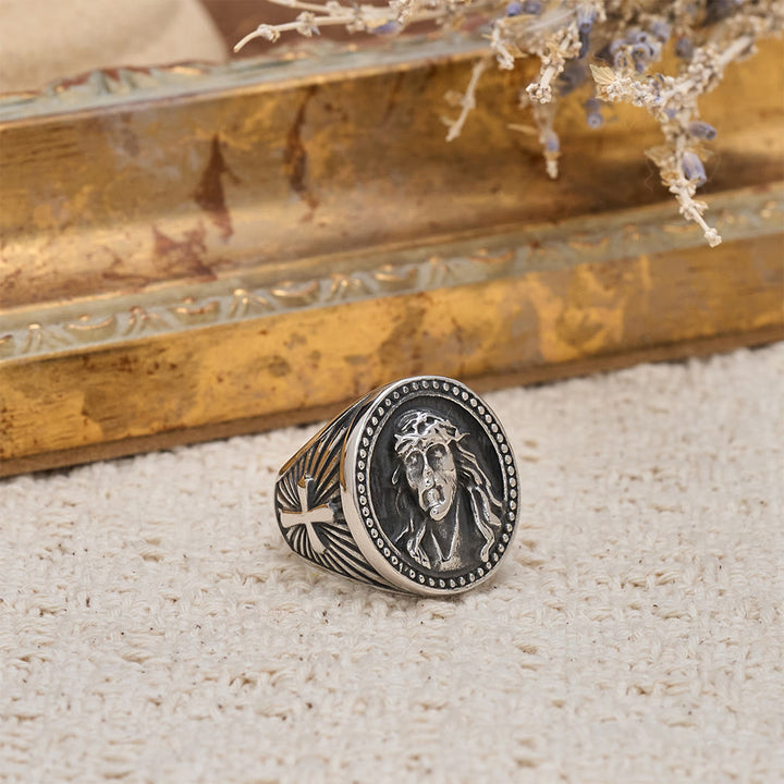 Christianartworkshop Two-Color Jesus Portrait Ring with Beaded Border and Cross Detail: A Reminder of Divine Sacrifice - image 7