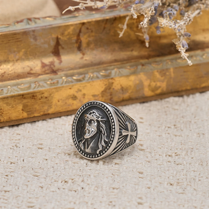 Christianartworkshop Two-Color Jesus Portrait Ring with Beaded Border and Cross Detail: A Reminder of Divine Sacrifice - Silver - US 13 - image 6