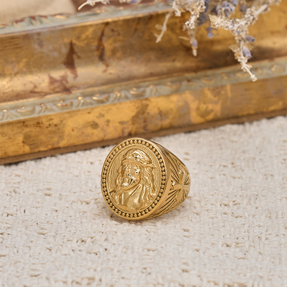 Christianartworkshop Two-Color Jesus Portrait Ring with Beaded Border and Cross Detail: A Reminder of Divine Sacrifice - Golden - US 13 - image 2