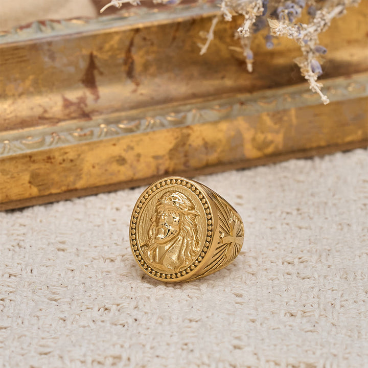 Christianartworkshop Two-Color Jesus Portrait Ring with Beaded Border and Cross Detail: A Reminder of Divine Sacrifice - Golden - US 13 - image 2