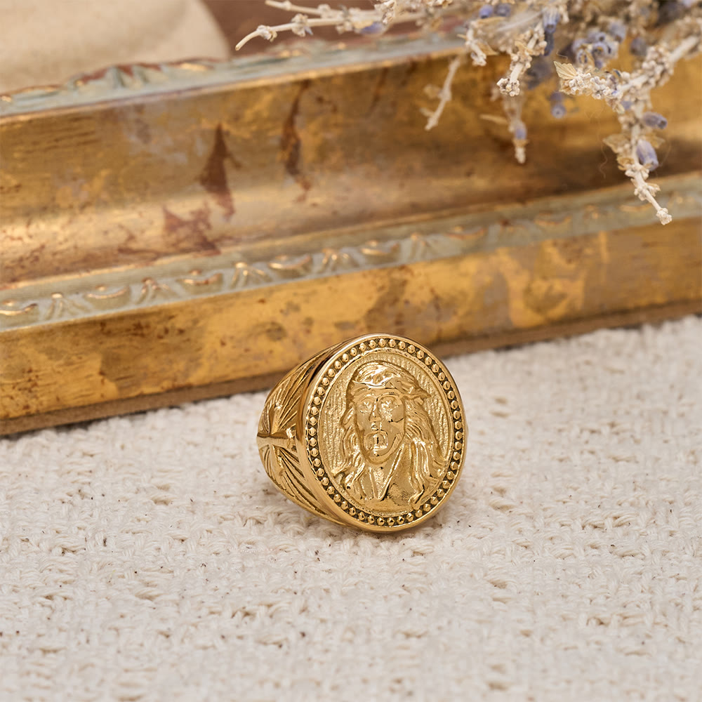 Christianartworkshop Two-Color Jesus Portrait Ring with Beaded Border and Cross Detail: A Reminder of Divine Sacrifice - image 1