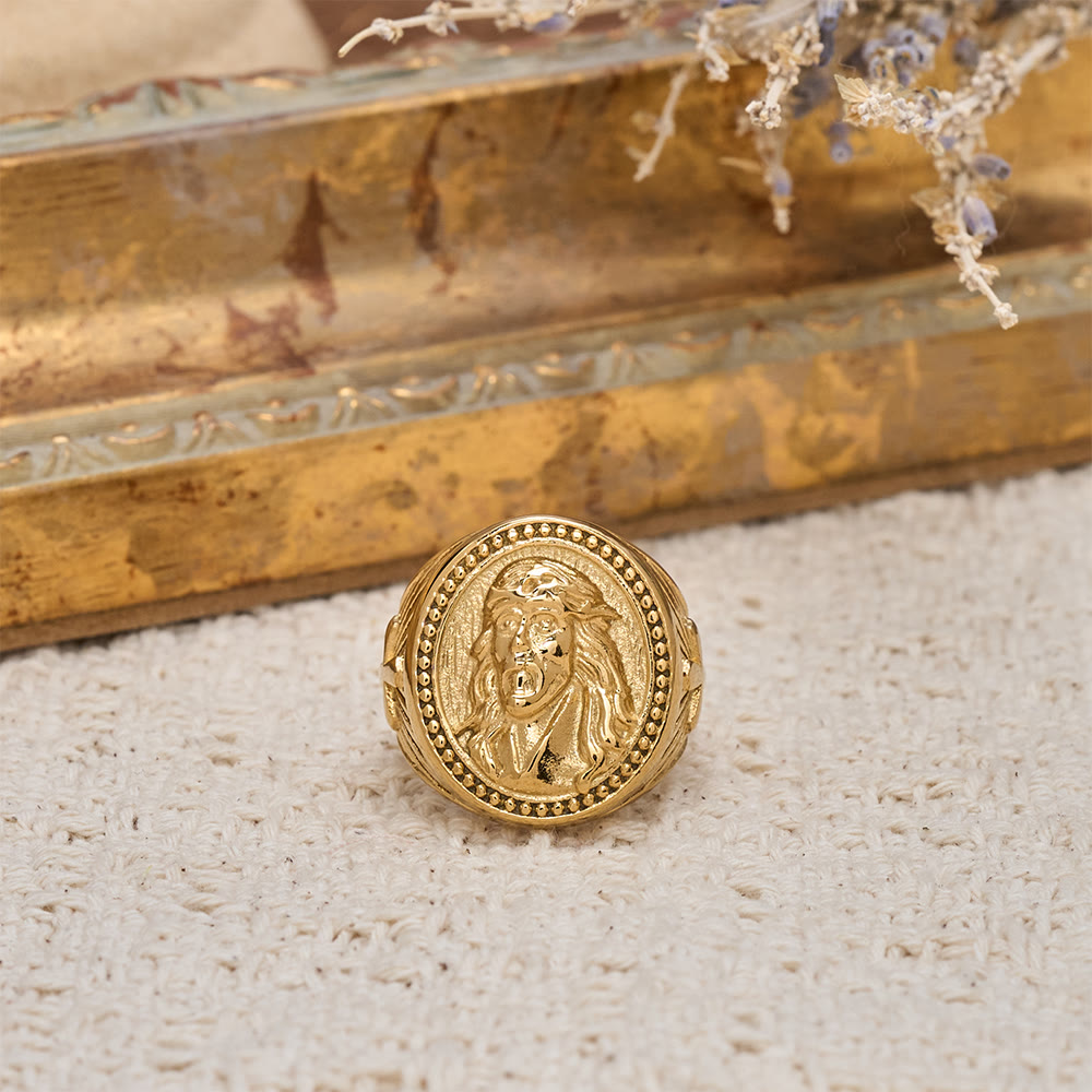 Christianartworkshop Two-Color Jesus Portrait Ring with Beaded Border and Cross Detail: A Reminder of Divine Sacrifice - image 3