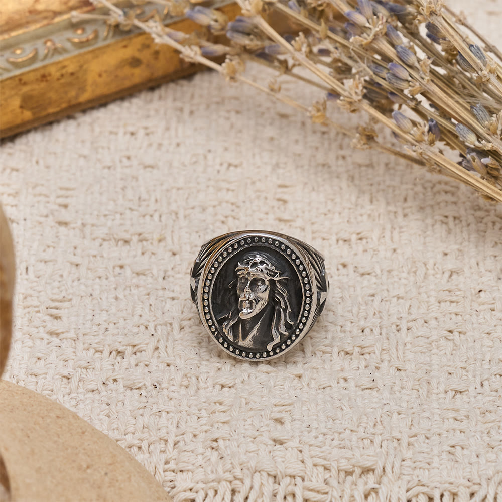 Christianartworkshop Two-Color Jesus Portrait Ring with Beaded Border and Cross Detail: A Reminder of Divine Sacrifice - image 8