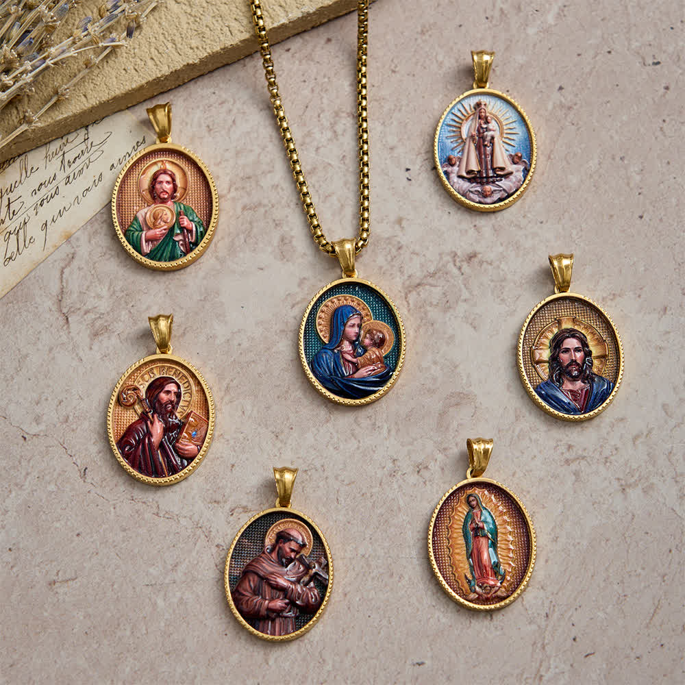 Christianartworkshop Elegant Enameled Religious Portrait Necklace with Gold Frame: An Emblem of Faith and Protection - image 0