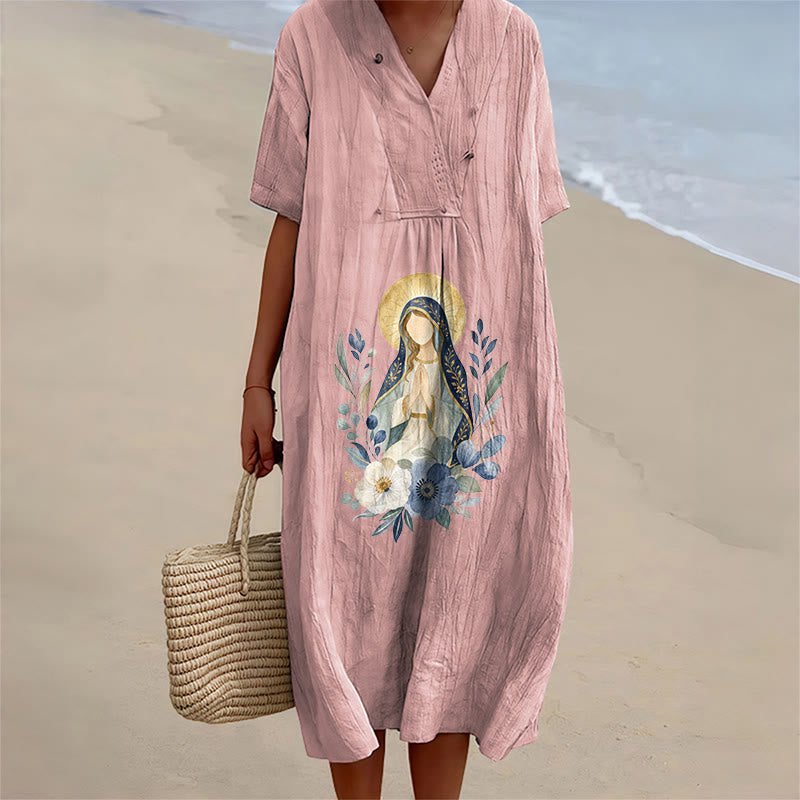 Christianartworkshop Gentle Our Lady Watercolor Floral Accent V-Neck Short Sleeve Midi Dress - Pink - 4XL - image 0