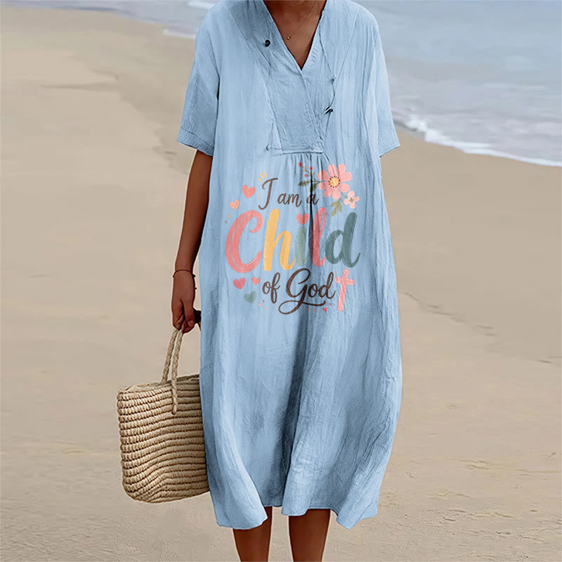 Christianartworkshop I Am a Child of God Floral & Heart V-Neck Short Sleeve Midi Dress - Blue - 4XL - image 4