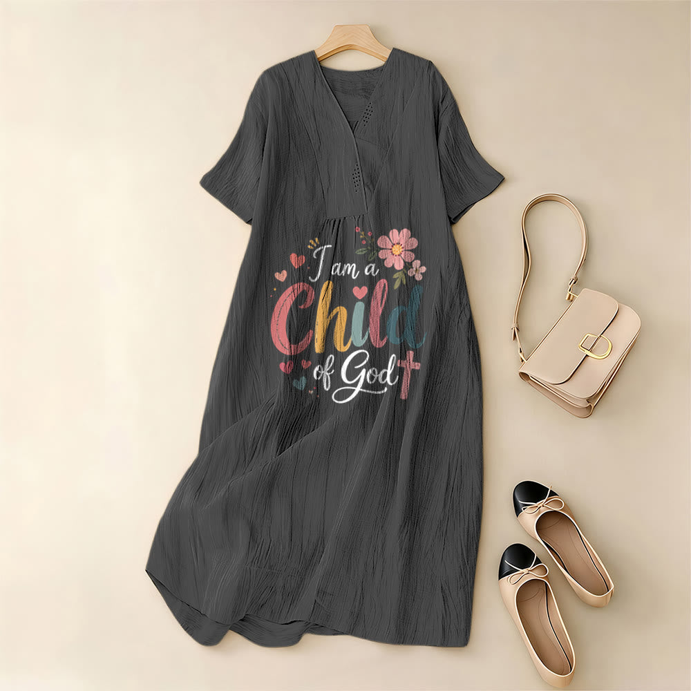Christianartworkshop I Am a Child of God Floral & Heart V-Neck Short Sleeve Midi Dress - image 1