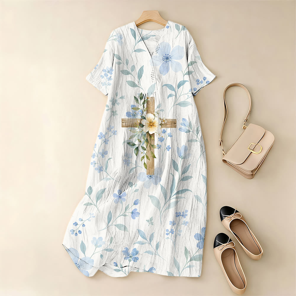 Christianartworkshop Floral Wood Cross Watercolor V-Neck Short Sleeve Midi Dress - image 1