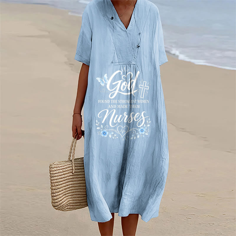 Christianartworkshop God Found the Strongest Women and Made Them Nurses Inspirational V-Neck Short Sleeve Midi Dress - Blue - 4XL - image 4