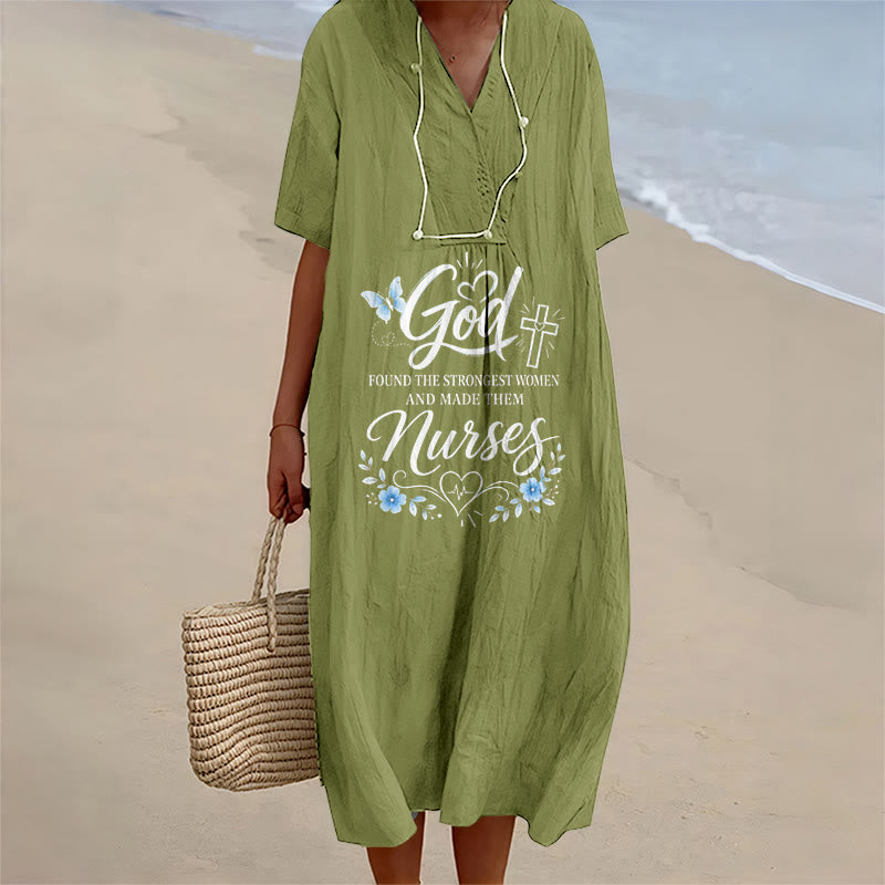 Christianartworkshop God Found the Strongest Women and Made Them Nurses Inspirational V-Neck Short Sleeve Midi Dress - Olive Green - 4XL - image 10