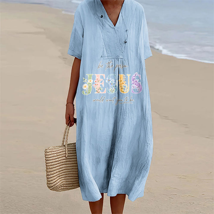 Christianartworkshop Be the Person Jesus Would Want You to Be Floral Jesus V-Neck Short Sleeve Midi Dress - Blue - 4XL - image 0