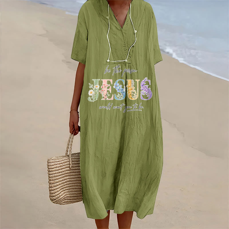 Christianartworkshop Be the Person Jesus Would Want You to Be Floral Jesus V-Neck Short Sleeve Midi Dress - Olive Green - 4XL - image 10