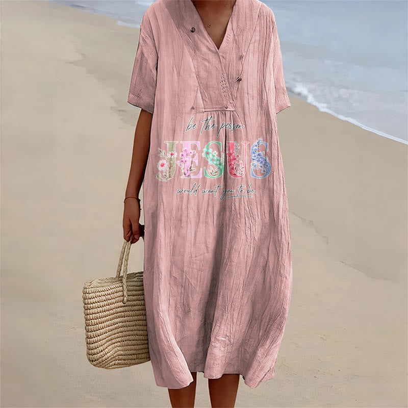 Christianartworkshop Be the Person Jesus Would Want You to Be Floral Jesus V-Neck Short Sleeve Midi Dress - Pink - 4XL - image 6