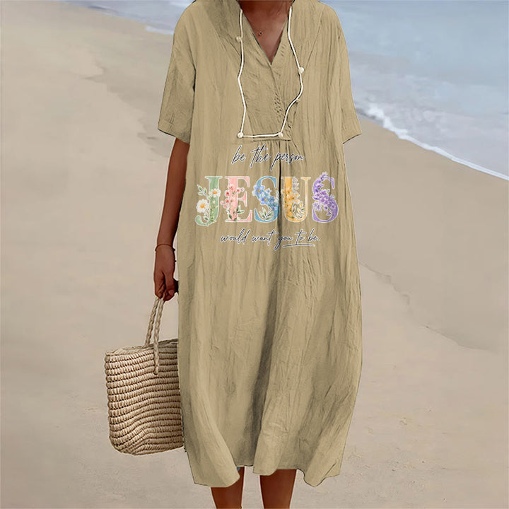 Christianartworkshop Be the Person Jesus Would Want You to Be Floral Jesus V-Neck Short Sleeve Midi Dress - Khaki - 4XL - image 2