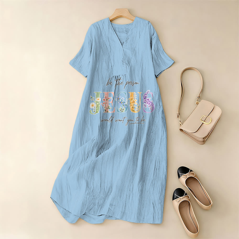 Christianartworkshop Be the Person Jesus Would Want You to Be Floral Jesus V-Neck Short Sleeve Midi Dress - image 1