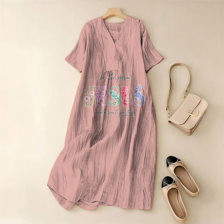 Christianartworkshop Be the Person Jesus Would Want You to Be Floral Jesus V-Neck Short Sleeve Midi Dress - image 7